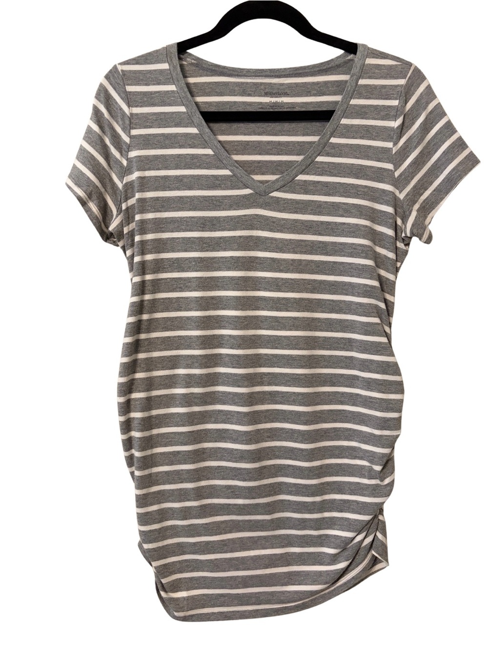 Motherhood Maternity Gray and White Striped V-Neck Maternity Tee